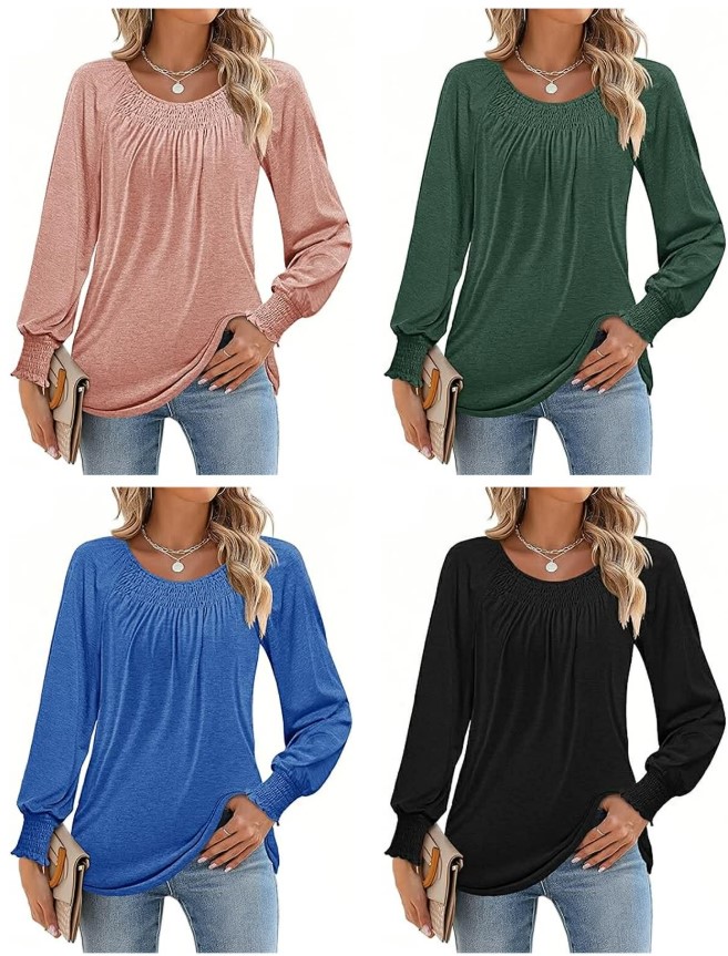 Pleated neckline smocked cuff long sleeve top