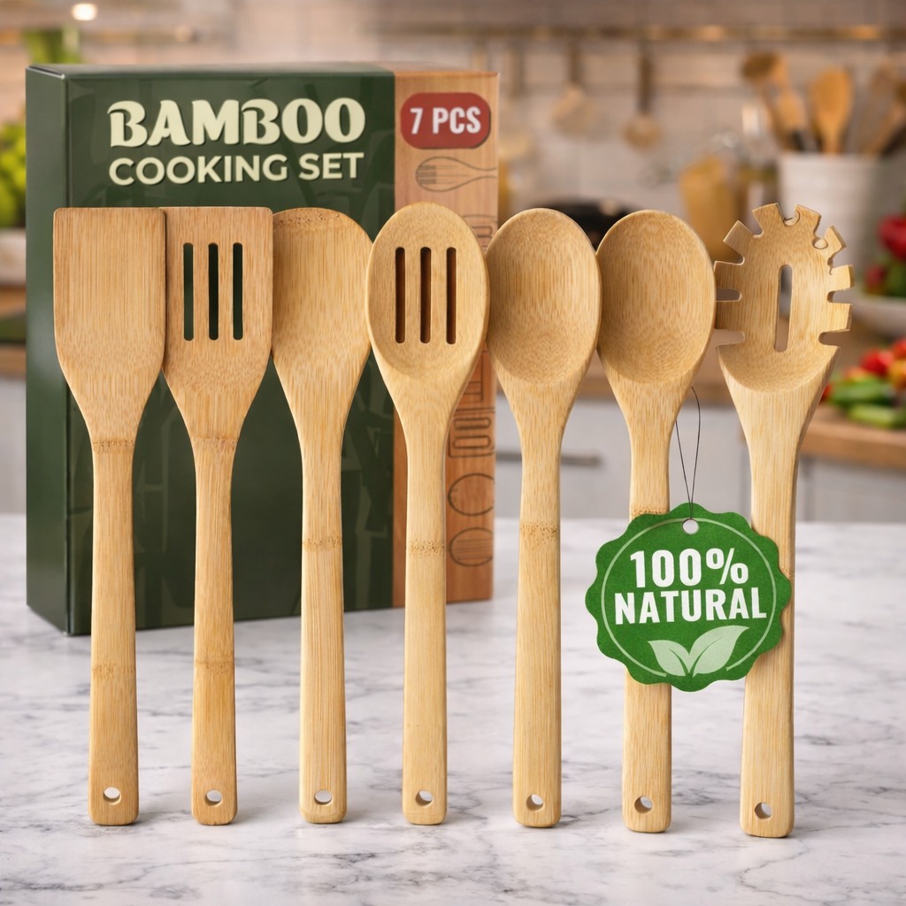 wooden bamboo 7 piece utensil set