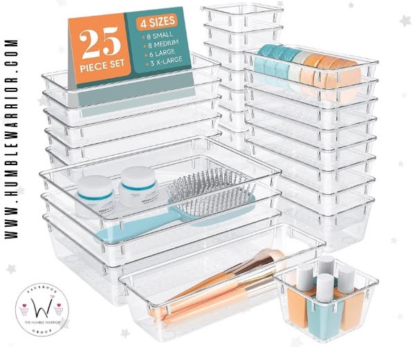 WOWBOX 25 Piece Clear Plastic Drawer Organizer Set