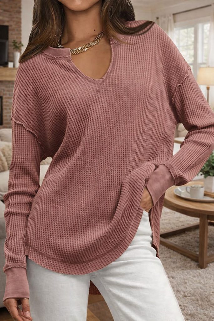 waffle knit v-neck Prettygarden top