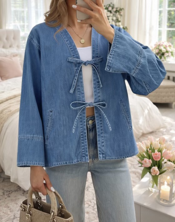 Tankaneo tie front bow denim jacket