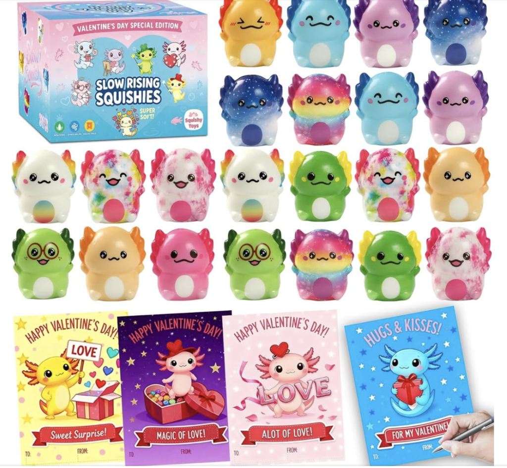 Valentine’s Day Gift Cards with Axolotl Squishy Toys
