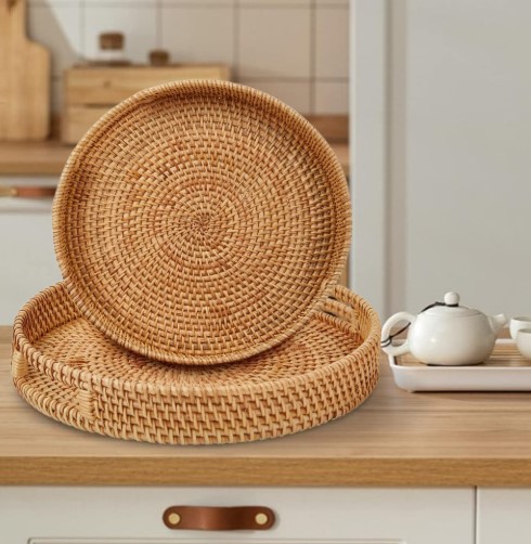 2 Pcs Round Woven Serving Trays with handles!