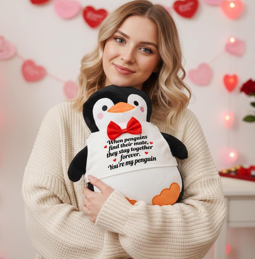 Valentines Day Penguin Plush Throw Pillow!