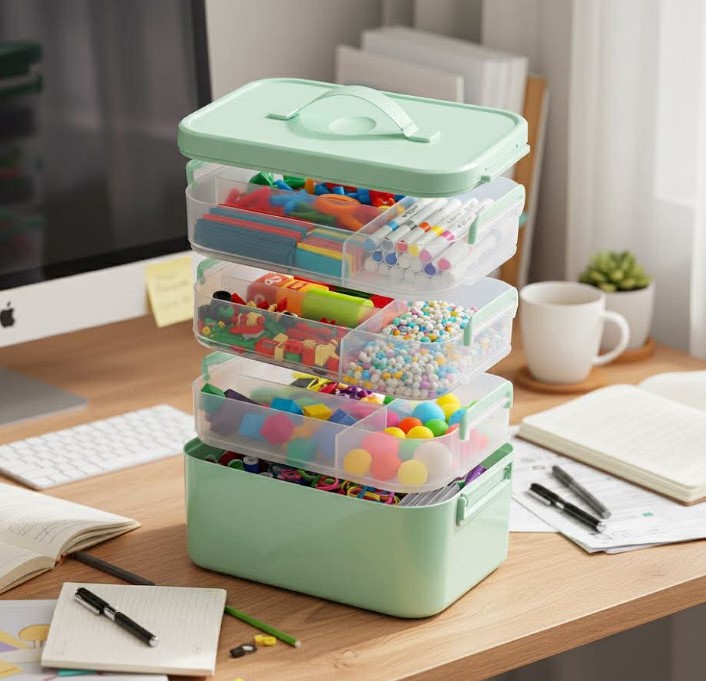 4-Layer Plastic Storage Box with Removable Trays!
