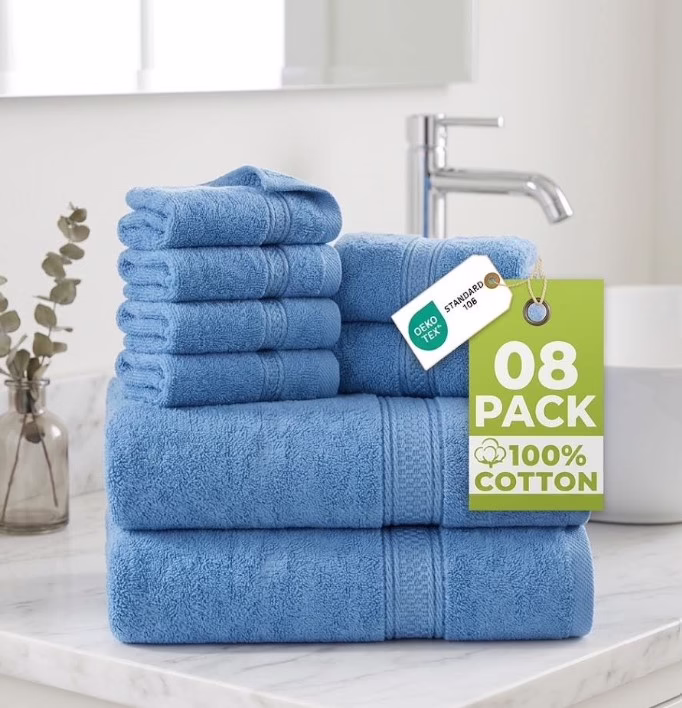 8 Pack 100% Cotton Towel Set