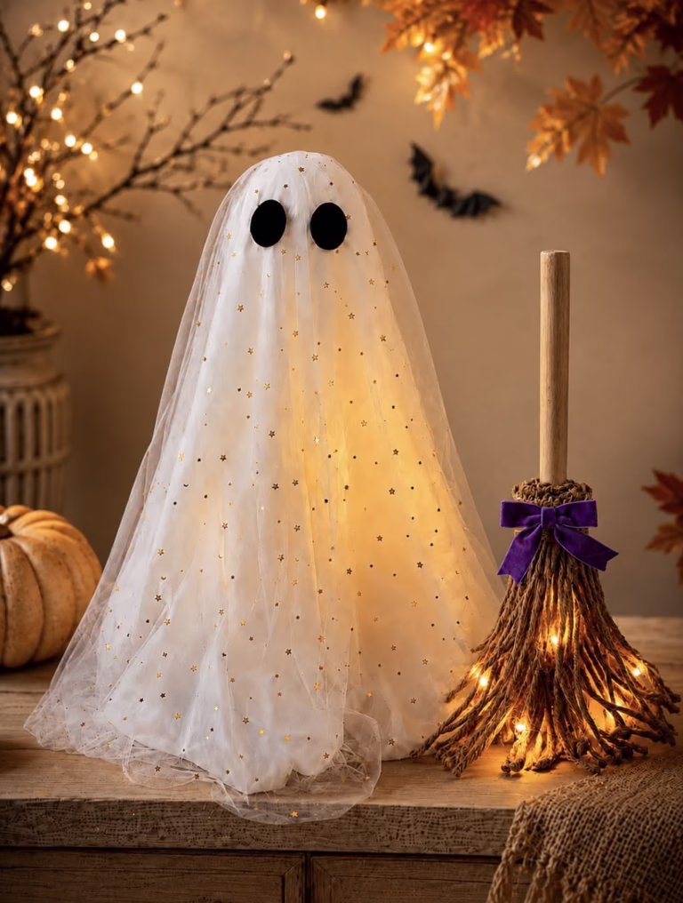 Lighted Ghost and Broom Set